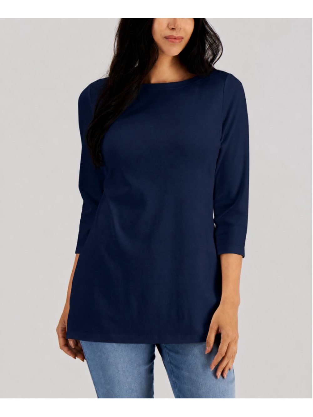 Karen Scott Women's Medium Navy Blue 100% Cotton Boat-Neck 3/4-Sleeve Top NWT